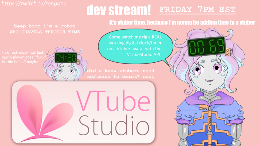 renpona's tweet photo. FRIDAY 7pm: another dev stream, continuing work on the Vtuber digital display using the #VTubeStudio API! 

I want to make it work as a configurable timer, a way to display arbitrary numbers, and a life/coin counter in games. i'd like to write a frontend for it too https://t.co/rDNpAlDtIS