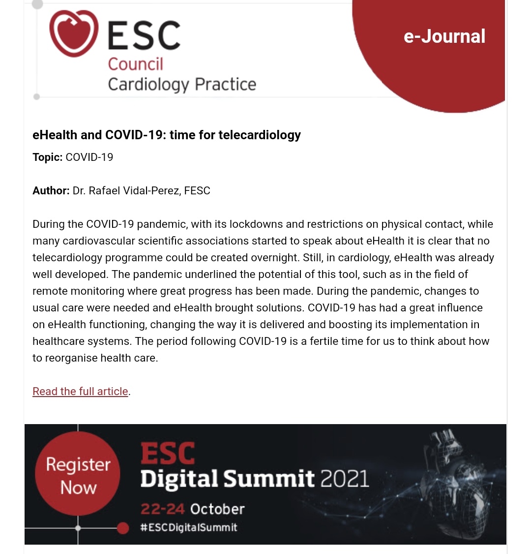 More information about #telecardiology after #COVID19 during #ESCDigitalsummit @escardio in the meanwhile you could read this small summary escardio.org/Journals/E-Jou… Proud to be author