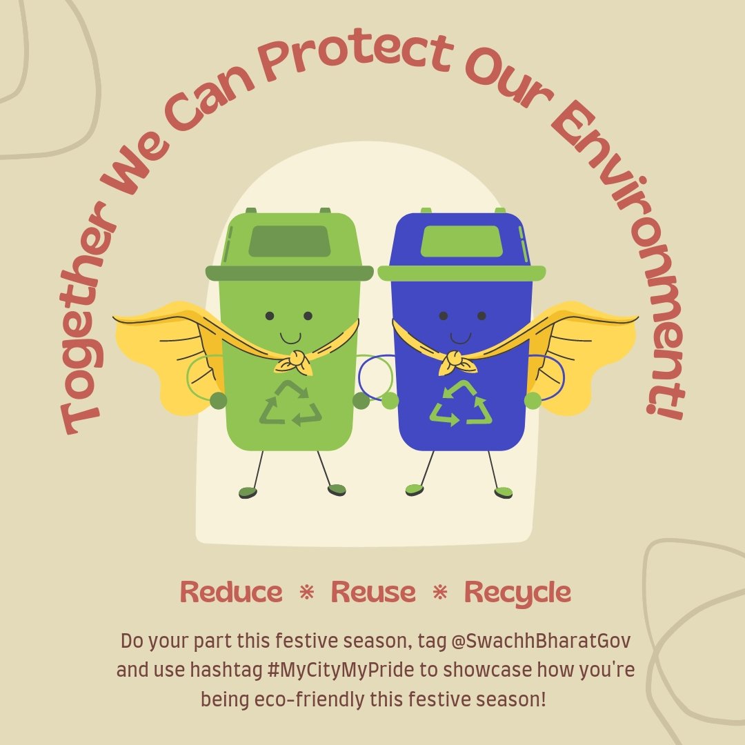 Practice source segregation this festive season! Remember to use Green Dustbins for wet and #biodegradable waste (such as kitchen waste) and Blue Dustbins for non-biodegradable waste (such as #plastics)! 

#AmritMahotsav

<a href="/MoHUA_India/">Ministry of Housing and Urban Affairs</a>