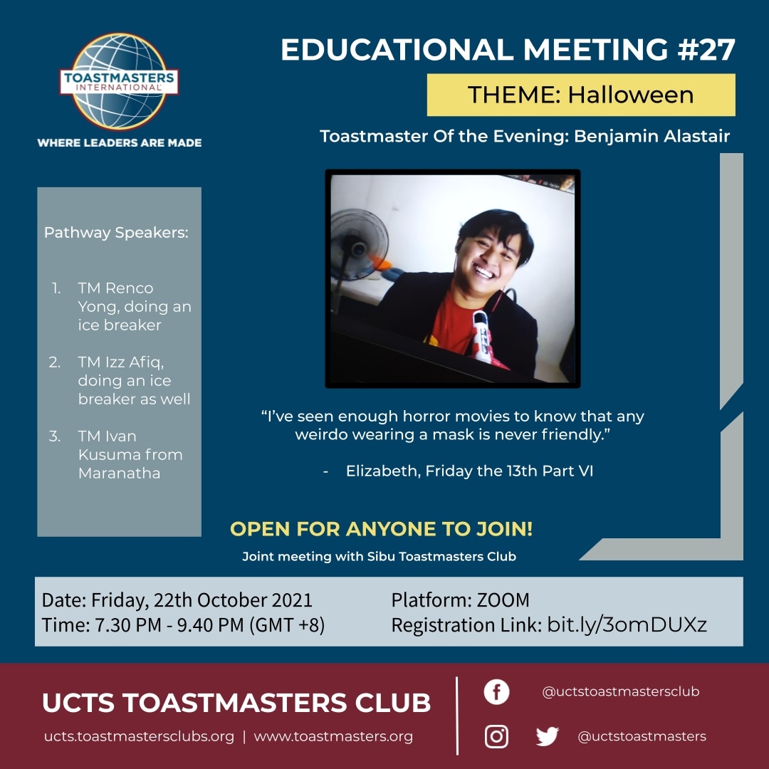 HAHAHAHAHA*evil laugh intensifies*

It is finally here! The night we've all been waiting for, HALLOWEEN NIGHT!!! Are you guys ready for a another spooky session? 

Definitely going to be a thrill, as we are having a joint meeting with Sibu Toastmasters Club!!

#toastmasters