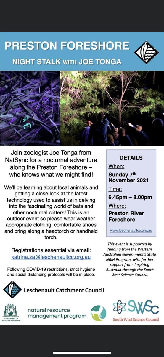 Leschenault CC (@leschenaultcc) on Twitter photo Join the LCC and the SWSC for a nocturnal spotlighting event in Donnybrook next month with bat expert Joe Tonga! Email katrina.za@leschenaultcc.org.au to register or for more info. Join the LCC and the SWSC for a nocturnal spotlighting event in Donnybrook next month with bat expert Joe Tonga! Email katrina.za@leschenaultcc.org.au to register or for more info.