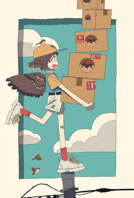 ポストカード用に描いた雀の配達屋さん 