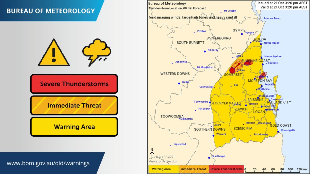 BOM_Qld's tweet photo. 🌩️Severe thunderstorm warning update:  Severe storms continue for @SEQld, with a severe cell near #Kilcoy, another near #Maleny and a third moving over #BribieIsland. #DamagingWind, #LargeHail, #HeavyRainfall all threats. Keep up to date: https://t.co/FBmpsInT9o https://t.co/Pzx1uDx4I6