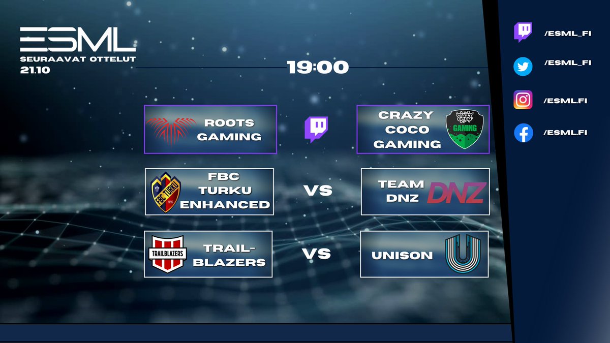 Illan striimissä tänään toisiaan vastaan kamppailee <a href="/RootsGaming1/">Roots Gaming</a> VS <a href="/crazycocogaming/">Crazy Coco Gaming</a> 🔥

⏰ 19:00

📺 twitch.tv/esml_fi
<a href="/RootsGaming1/">Roots Gaming</a> VS <a href="/crazycocogaming/">Crazy Coco Gaming</a>

<a href="/enhanced_gg/">ENHANCED</a> VS <a href="/TeamDNZ_/">Team DNZ</a>

<a href="/FI_Trailblazers/">Trailblazers esports</a> VS <a href="/UNISONWIN/">UNISON</a>

#esml #csgofi #esportsfi