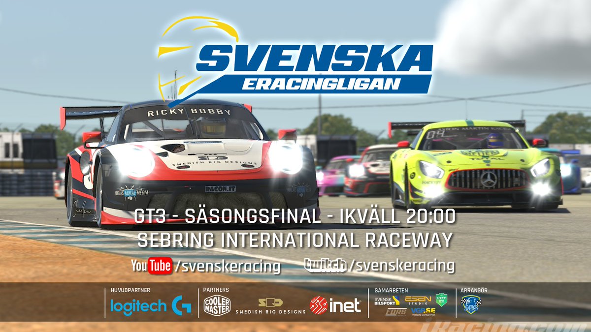svenskeracing's tweet photo. Ikväll har det blivit dags för den 6:e och sista deltävlingen i Svenska Eracingligan's GT3-serie som körs på Sebring International Raceway. 
Du kan följa racet LIVE:
⏰20:00 
📺https://t.co/NBdKGRqgGv
📺https://t.co/Sl78OpGnTk
🎙️ Jonas Fors och Linus Broström https://t.co/ZAVSCmL8FC