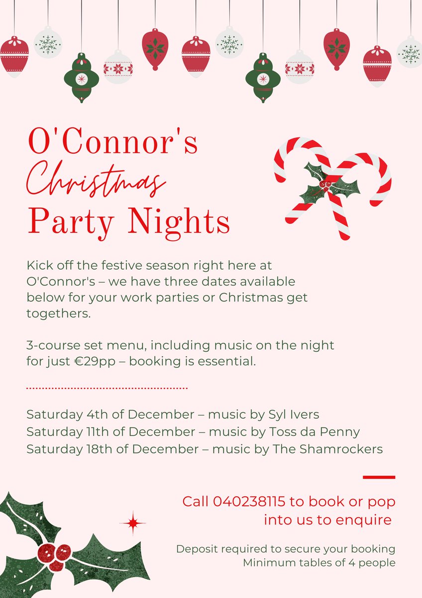 Christmas party season is almost upon us🎅🏼🎄 Join us and kick off the festive period right here at O’Connor’s for just €29pp - includes a 3-course meal AND live music on the night✨ Spaces are booking up fast so be sure to get your enquiry in soon for Christmas get togethers🥂