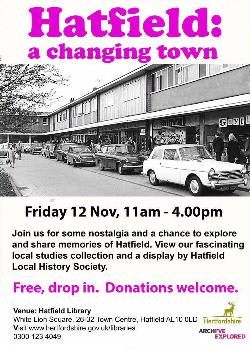 Join Hatfield Library next Friday 12th Nov for their FREE event 'Hatfield: A Changing Town' - a chance to explore and share memories of Hatfield. 
No booking required: bit.ly/3pon3ru
#ExploreYourArchive
#ArchiveExplored
<a href="/HatfieldTown/">Hatfield Town Centre</a> 
<a href="/hatfieldtc/">Hatfield Town Council</a> 
<a href="/HertsLibraries/">Herts Libraries</a>