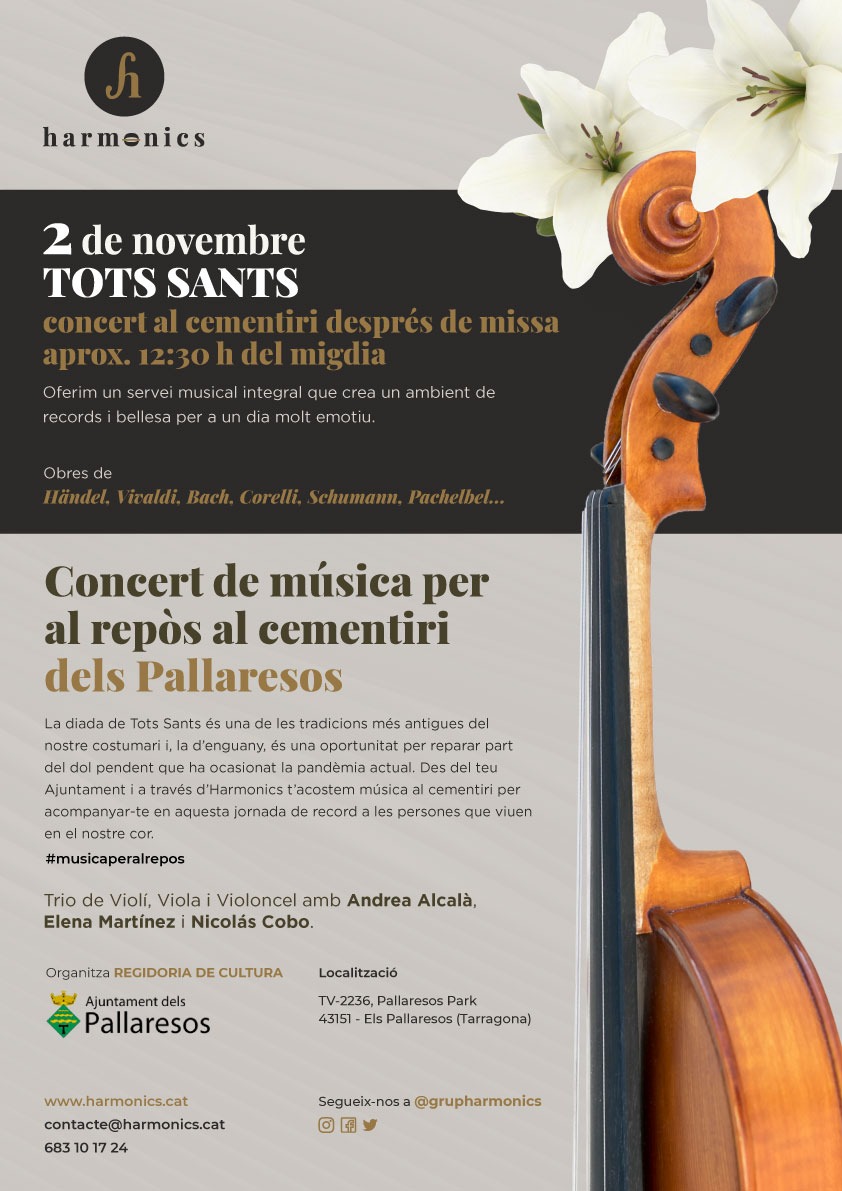 AjElsPallaresos's tweet photo. 🎼🎻 El pròxim 2 de novembre, Dia dels Difunts, es realitzarà al cementiri municipal un concert de música per al repòs, en finalitzar la missa.

Sentirem un trio de violí, viola i violoncel a càrrec del grup harmònics.

#ElsPallaresos #Cultura https://t.co/saRSrtS8jR