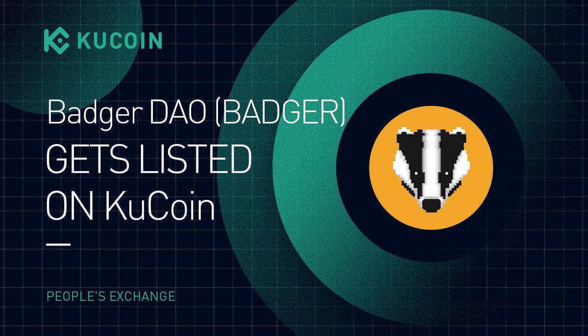 📢 NEW LISTING @BadgerDAO $BADGER gets listed on #KuCoin! 🔹Pairs: BADGER/USDT, BADGER/BTC 🔹Deposit: now open (network: ERC20) 🔹Trading: 10:00 am on Oct 22, 2021 (UTC) 🔹Withdrawal: 10:00 am on Oct 23, 2021 (UTC) Details: kucoin.com/news/en-badger… #DAO #DeFi #YieldFarming