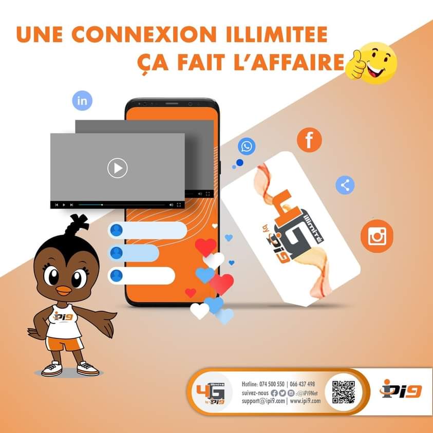 iPi9 vous propose la 4G illimité, Une connexion illimitée pour votre smartphone. 

Sim disponible au prix de 1000fcfa au Store de Louis. 
#iPi9TV #iPi9 #Web7 #Nos_Pass_Illimité_4G_LTE
#SurfEnBig #LiveTV #Streaming #ApplicationMobile #Gabon