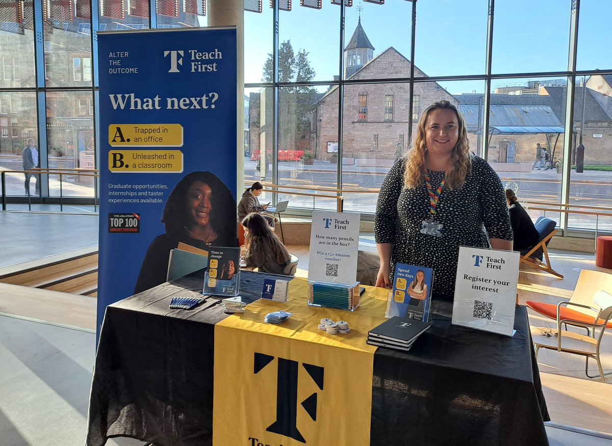 <a href="/TeachFirst/">Teach First</a> are on campus today!

👋Hannah is in the James McCune Smith building (ground floor) until around 3pm.

🤩Come along and hear all about their fantastic opportunities!

💰Plus, enter their competition to be in with a chance of winning an Amazon voucher.

#UofGCareers