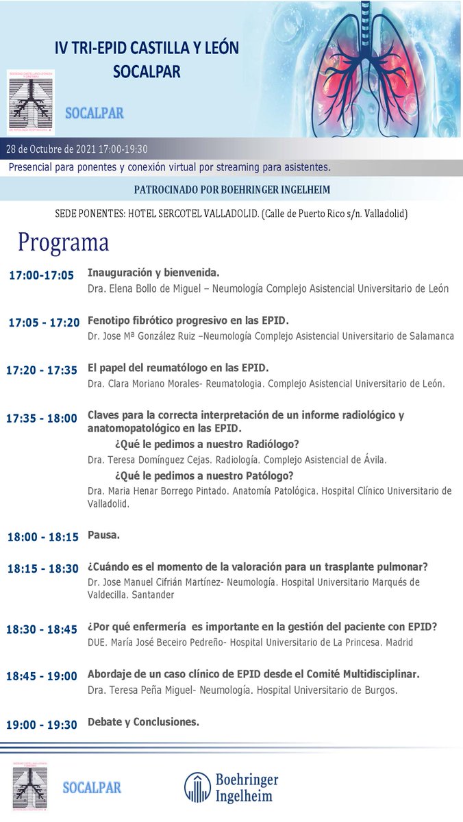 🗓 Consulta el programa del 4º TRI-EPID Castilla y León  que tendrá lugar online el día 28. 
Tendremos perspectivas de #neumología, #radiología, #anatomía patológica y #enfermería. 
<a href="/BoehringerES/">Boehringer Ingelheim España</a> #EPID