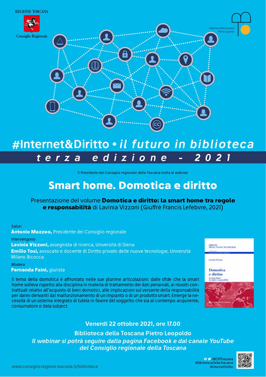 Domani, ore 17.00, #Smarthome. #Domotica e #diritto con <a href="/LaviniaVizzoni/">Lavinia Vizzoni</a> e Prof. Tosi: #dataprotection #tutelaconsumatore #responsabilità
Dettagli: lnkd.in/ekQ2B8Hq 
Diretta su lnkd.in/e3C2mxJ e lnkd.in/evH3D2m.
#InternetDiritto #BibliotecaDellaToscana