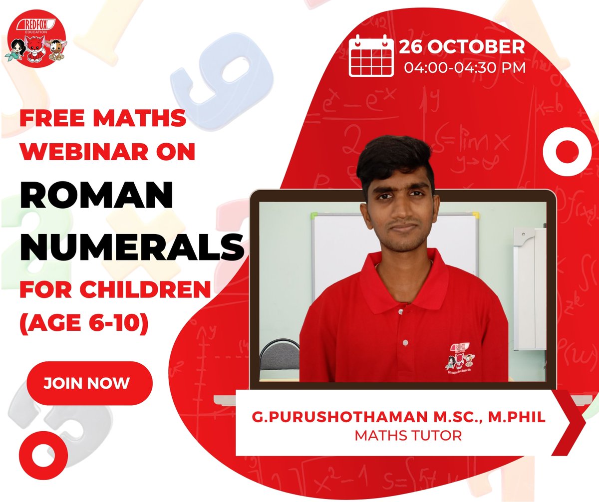 RedFox_EdTech's tweet image. Free Maths Webinar On Roman Numerals

Time: 4 PM IST
Date: 26/10/2021 Tuesday
Age group: 6 to 10 years

JOIN NOW: chat.whatsapp.com/IpKedrnPyYE55k…

Download Our Mobile App :
GooglePlay:bit.ly/31lO56z
AppStore:apple.co/39UxPwl

#Maths #webinar #mathsforkids #RedFoxEducation