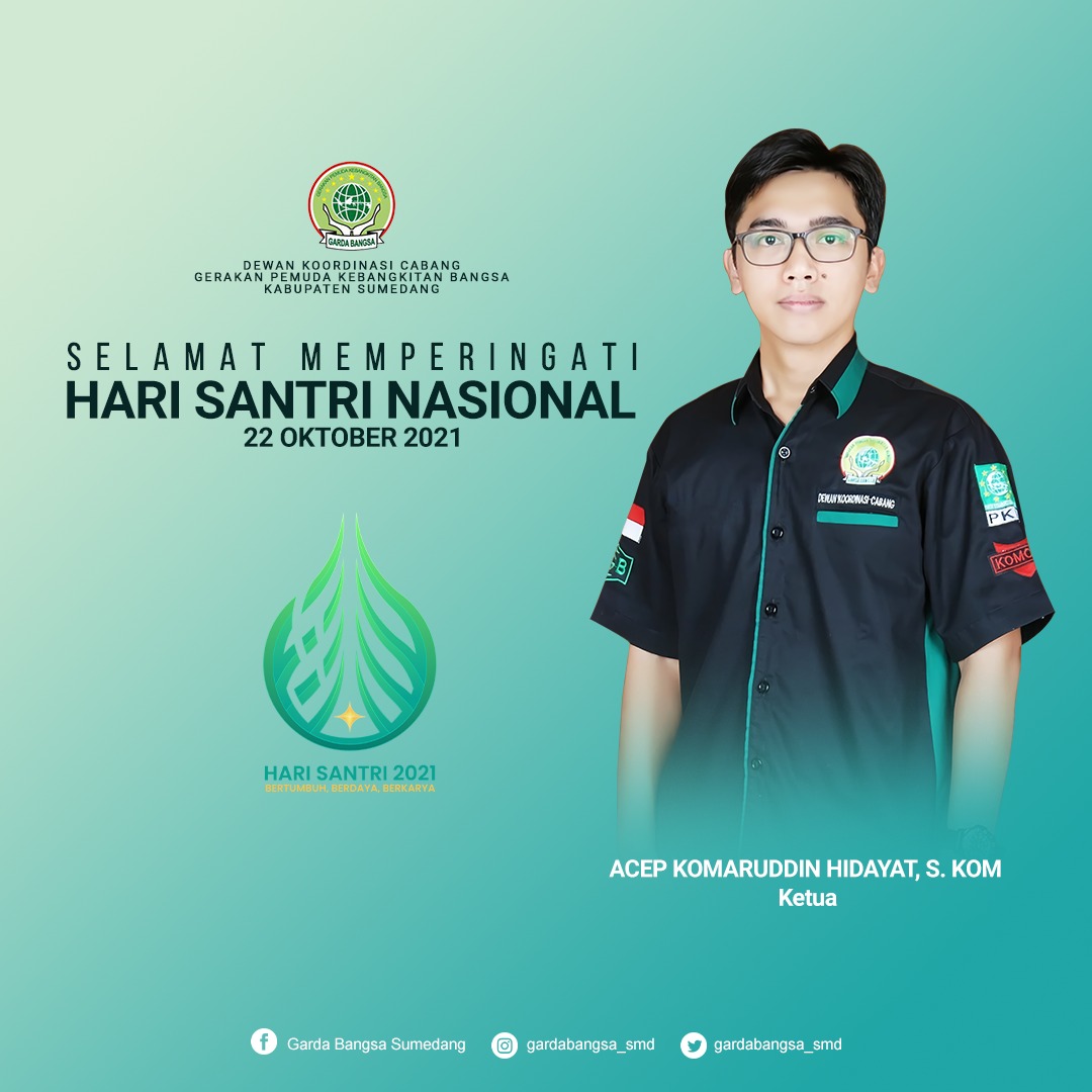 Santri &amp; pesantren diharapkan jadi kekuatan besar bagi negara, sumber inspirasi &amp; sumber kehidupan Bangsa Indonesia. Selamat Hari Santri Nasional Tahun 2021

#GardaBangsa

<a href="/DPP_PKB/">DPP PKB</a> <a href="/dpwpkbjabar/">DPW PKB JABAR</a> <a href="/Gardabangsaa/">Garda Bangsa Media</a> <a href="/tommykurniawan7/">TOM KUR official</a> <a href="/sahabatodie/">MuhammadRodliKaelani, SS, MM, CPS</a> <a href="/GARDAJabar/">Official Akun DKW GARDA BANGSA Jawa Barat</a> <a href="/hk_bocah/">heri kurniawan</a> <a href="/dpc_pkbsmd/">PKB Sumedang Makalangan</a> <a href="/pkbsmd/">dpc_pkbsmd_Official</a>