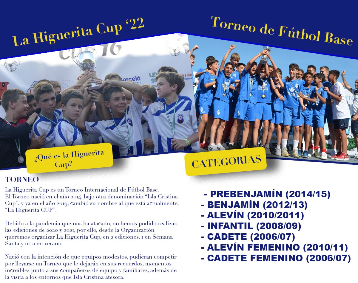 ⚽️🏆La Higuerita Cup 22🏆⚽️

📣📣CATEGORIAS PARTICIPANTES📣📣

Pueden participar en nuestras 2 ediciones,(8 al 10 abril) y (3 al 5 de junio):

Contacta con nosotros y pide información sobre nuestras 2 ediciones para este 2022.

¡CORRE Y RESERVA TU PLAZA!

⚽️🥅🏆🏅🏖🌞