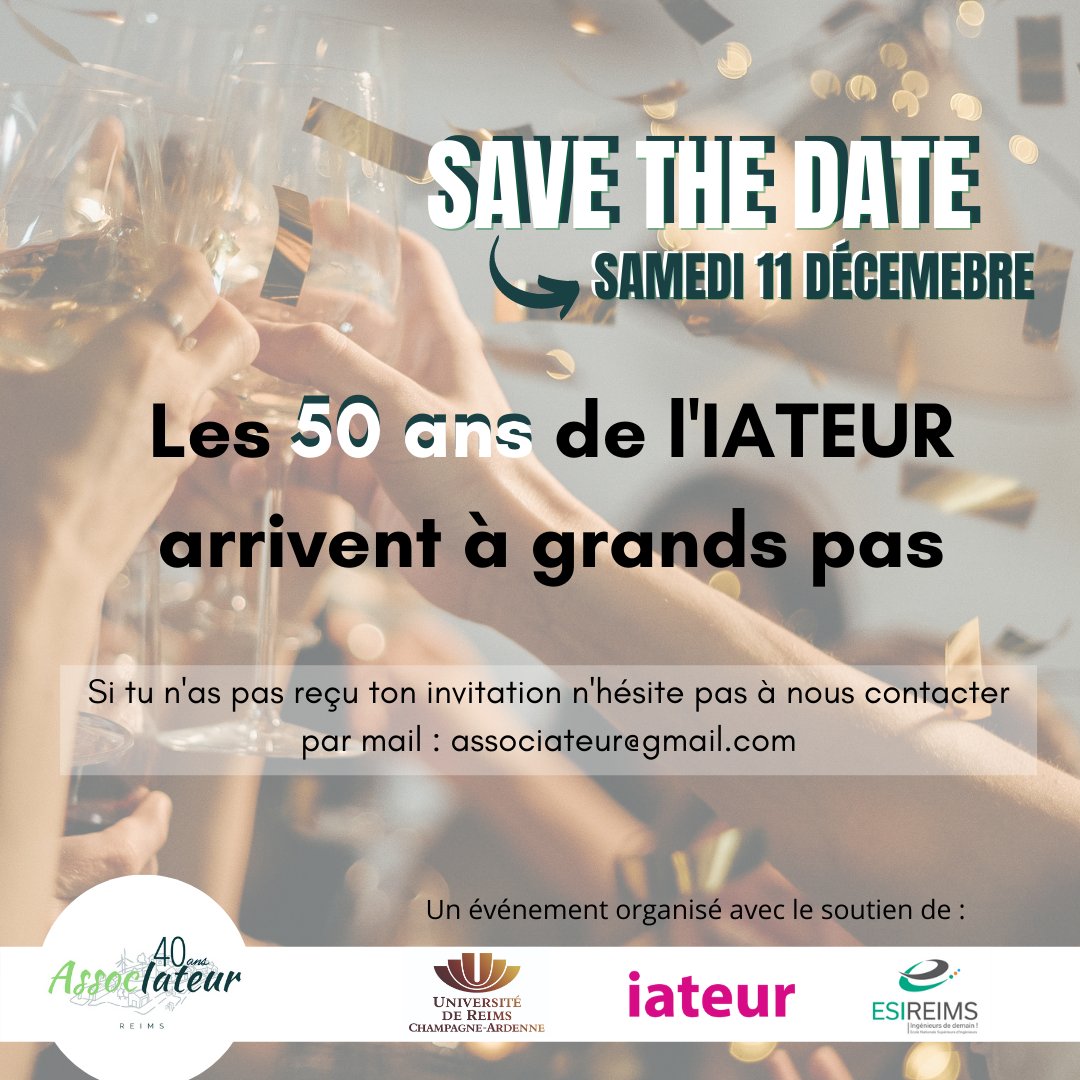 AssocIATEUR's tweet photo. Avis aux diplômés, étudiants et au corps enseignant de l'IATEUR (d'hier et d'aujourd'hui). 

Vous n'êtes pas sans savoir que l'IATEUR célèbre ses 50ans cette année. Pour l'occasion l'Assoc'IATEUR organise une soirée de gala pour fêter ce demi-siècle d'existence tous ensemble https://t.co/SWQB8QBUCB