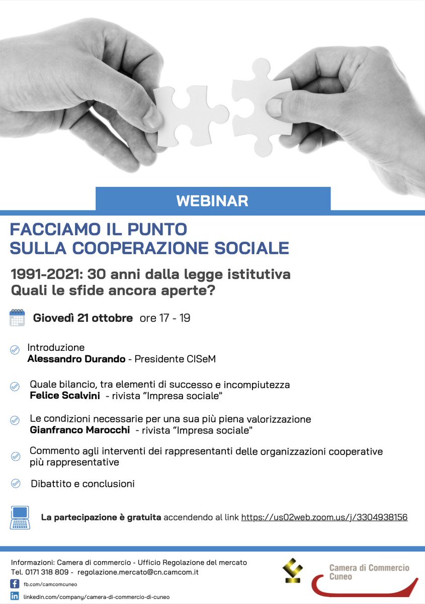 FACCIAMO IL PUNTO SULLA COOPERAZIONE SOCIALE! Appuntamento oggi alle 17 con un webinar in collaborazione con il #CISeM della CamCom di Cuneo per discutere sulle sfide ancora aperte per le cooperative sociali nel trentennale della 381/1991
✅ bit.ly/2Xw6PB9