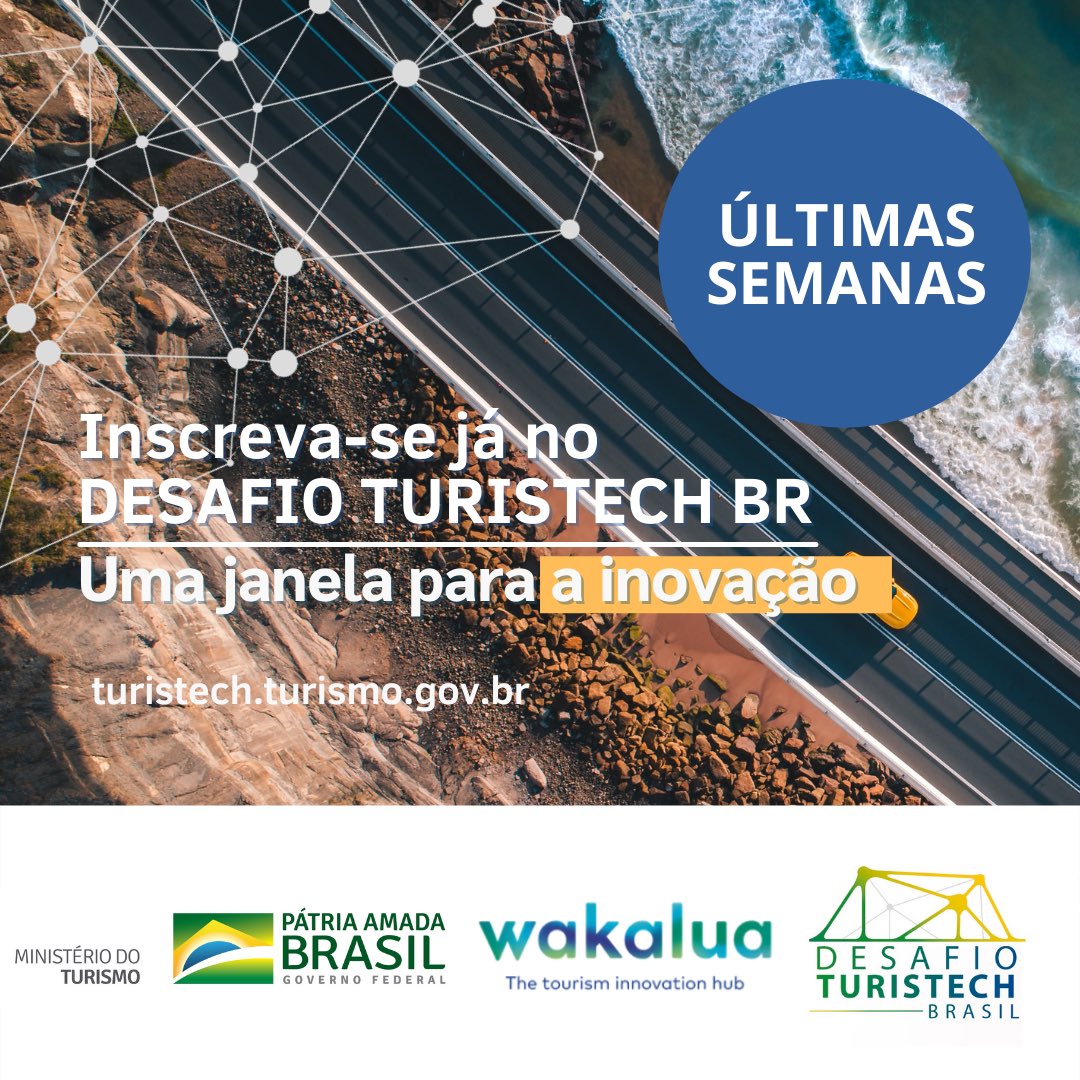 O Wakalua Innovation Hub e o <a href="/MTurismo/">Ministério do Turismo</a> realizam o Desafio Turistech Brasil. As inscrições encerram dia 1 de novembro!
Consulte o site turistech.turismo.gov.br (link na bio), veja como participar e inscreva-se agora.
#desafioturistech #turistech #inovacao