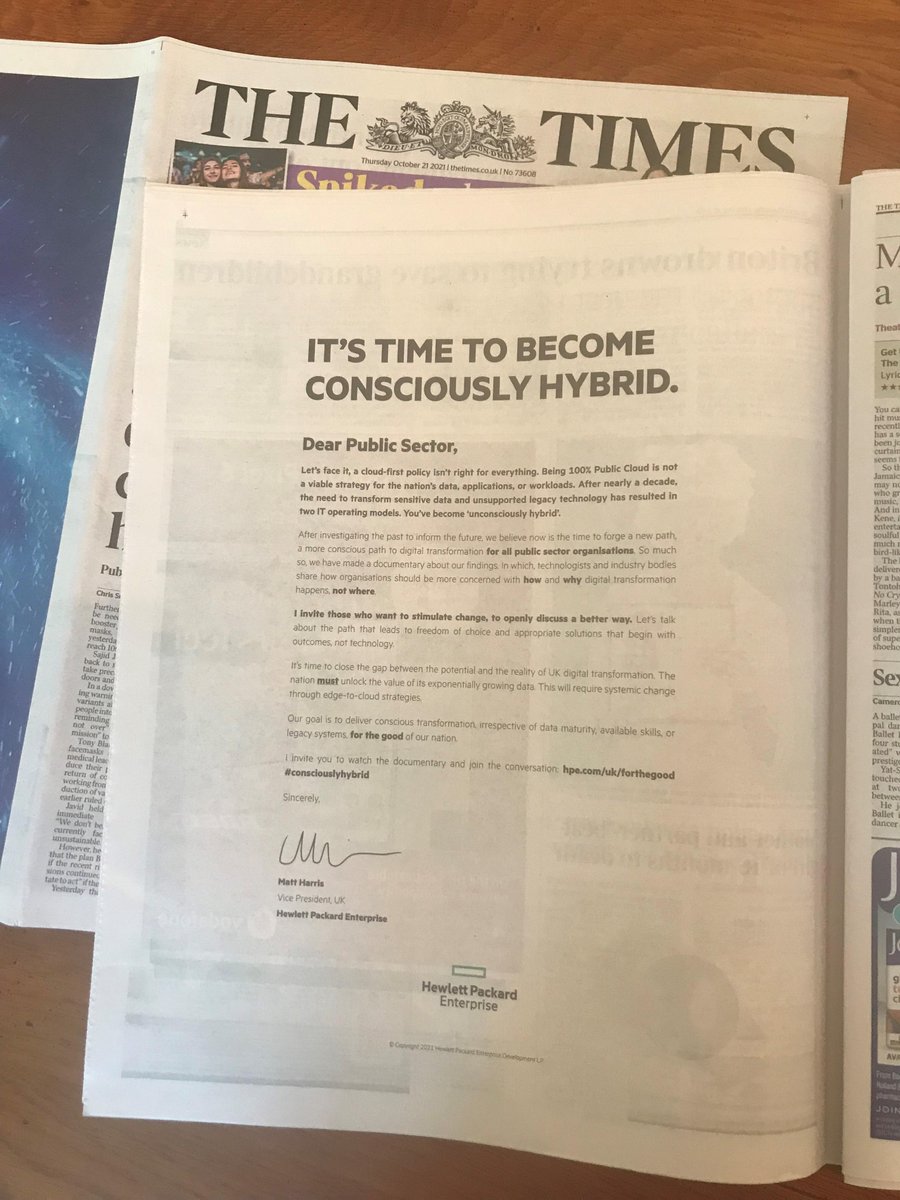 It's time to become Consciously Hybrid... 💪 
Today HPE publishes our letter to the Public Sector within <a href="/thetimes/">The Times and The Sunday Times</a> or <a href="/guardian/">The Guardian</a> inviting you to stimulate change. 🌍 

Watch our film to learn more hpe.to/6018JPf96