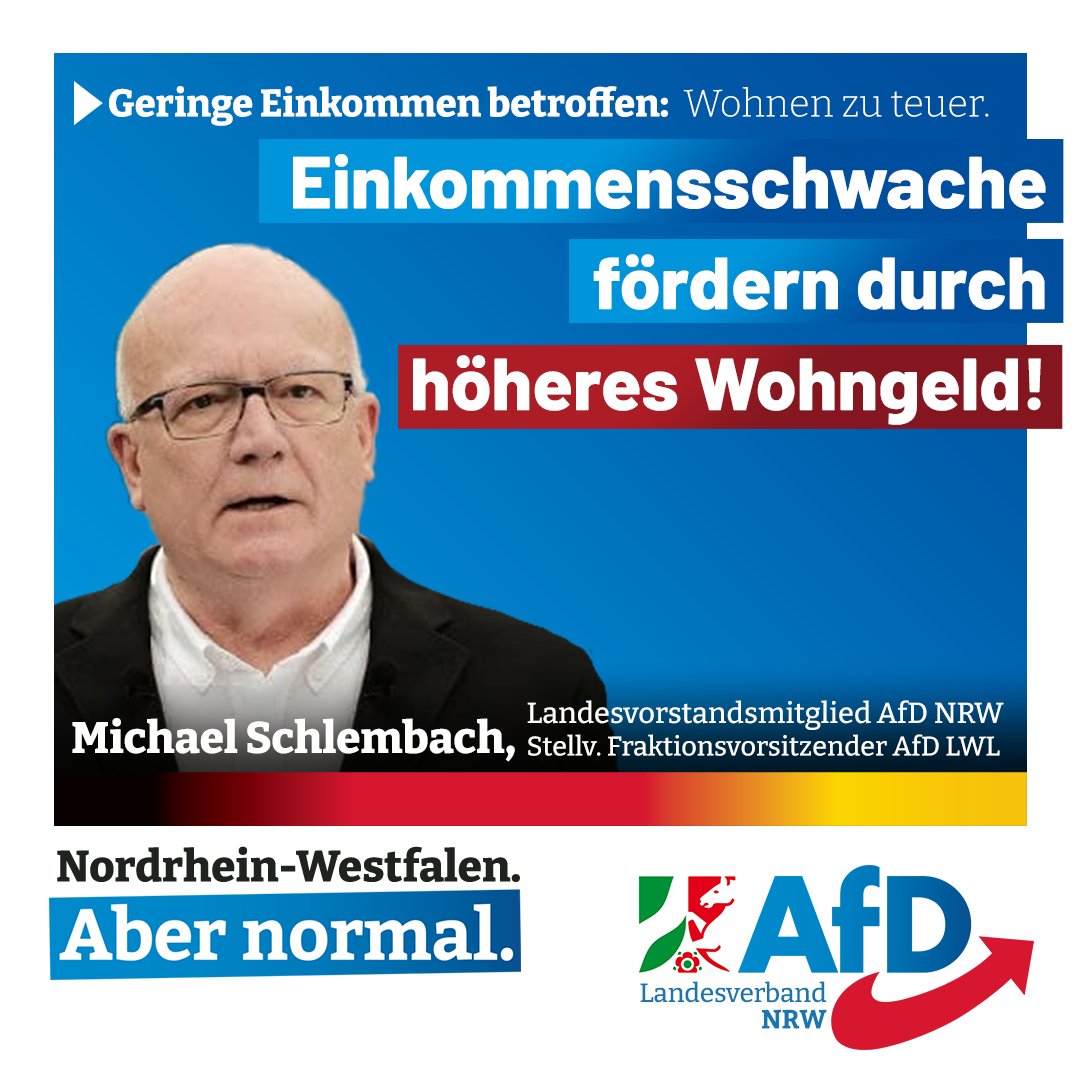 In NRW sind 2020 an ca. 146.000 Haushalte Wohngeld in Höhe von gesamt 371 Millionen Euro ausgezahlt worden. Das sind im Schnitt 21 Euro pro Haushalt und Monat. Bei den explodierenden #Mieten und den enorm gestiegenen Strom- und #Heizkosten muss das #Wohngeld erhöht werden.  #AfD