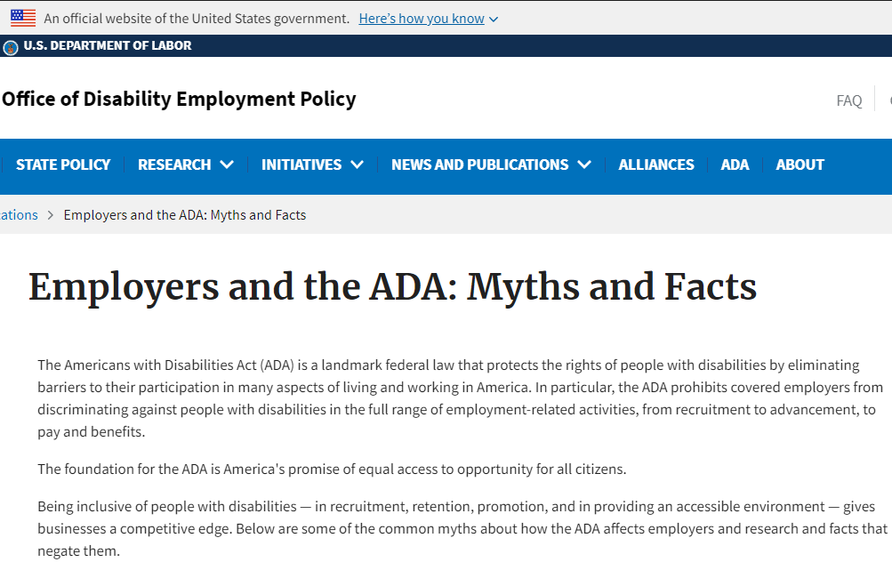 disrightsct's tweet photo. Employers and the ADA: Myths and Facts

Being inclusive of people with disabilities — in recruitment, retention, and promotion— gives businesses a competitive edge. Below are myths and facts about how the ADA affects employers.

Link: https://t.co/PBJAnu0rfy https://t.co/3ccsUGVcl7