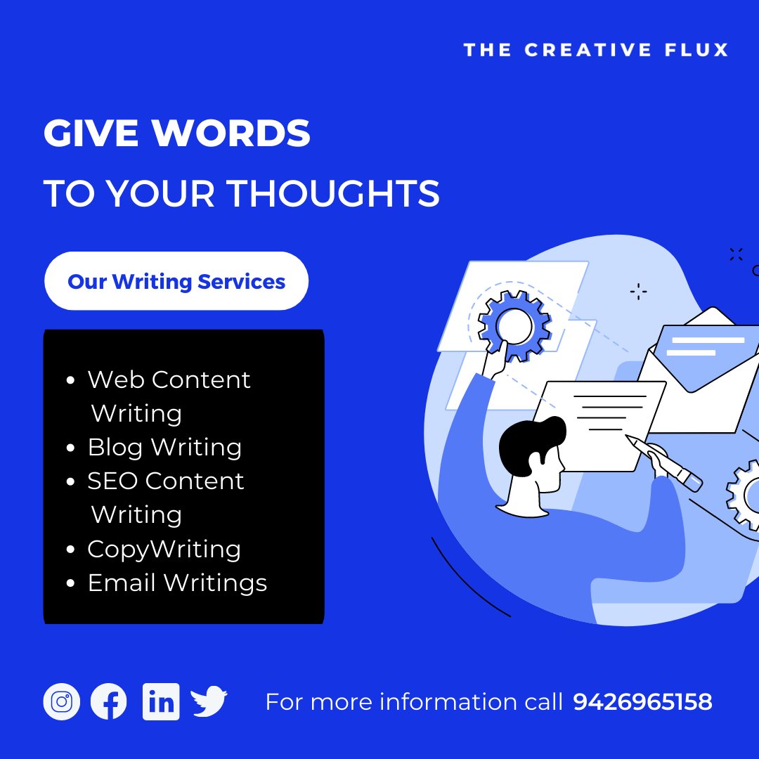 TheCreativeFlux's tweet photo. Are you looking for the best agency for content writing of your brand❗❓

Then you are at the right place. 💯

⚡ Get associated with TCF and let your content speak volumes on your brand's behalf! 🔥

👇 Contact us now for our Writing Services! ❤
📞 +91 9426965158 https://t.co/mlo0ZHPlbk