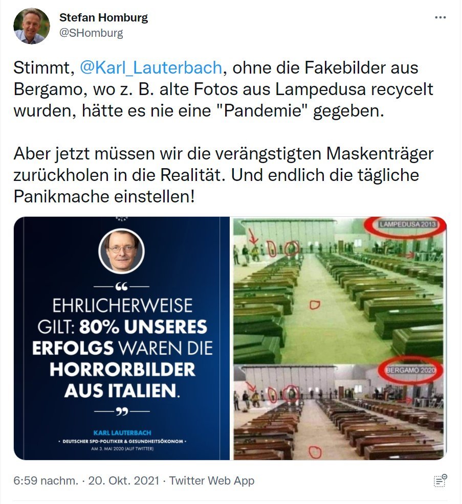 ZuckerZucker3's tweet photo. 1⃣1⃣ Wie oben gezeigt, gab es dieses Bild, das Särge auf Lampedusa, das  im Zusammenhang mit Bergamo ein #Fake ist. Es gab aber viele weitere "echte" schockierende Bilder aus Italien.

@Karl_Lauterbach bezieht sich auf die "echten" Bilder und nicht auf das #FakeBild. https://t.co/jPQJnHWAP9