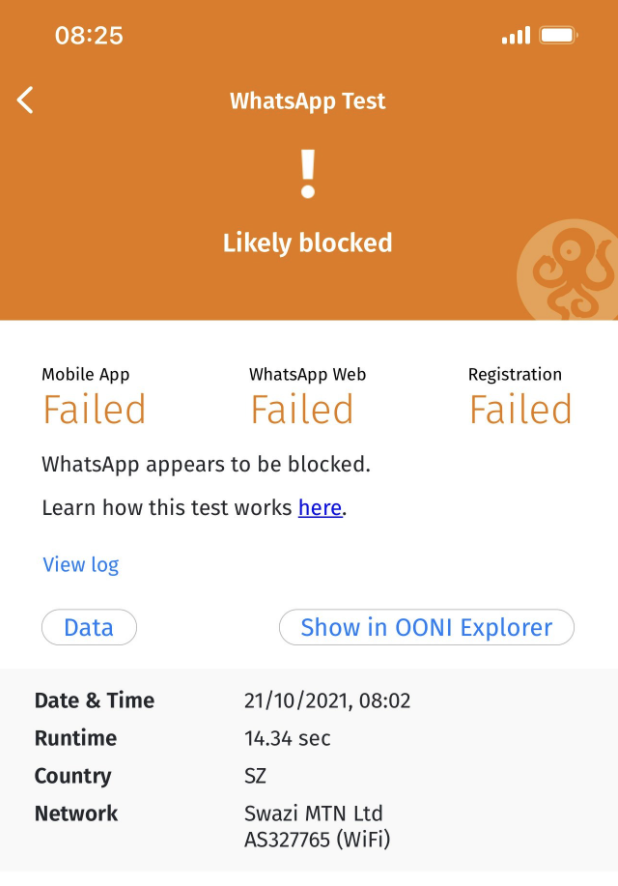 tawmug's tweet photo. Tests done using @OpenObservatory probe this morning in #Eswatini by @Pais_Mary show that #WhatsApp is still blocked.  Citizens are using VPNs to access blocked social media platforms or using alternative instant messaging app like @signalapp.

#EswatiniProtests #KeepitOn https://t.co/31Iuz5T6e3