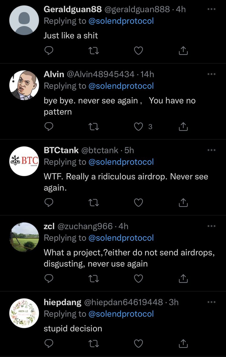 bigdsenpai's tweet photo. Wow, the comments under the Solend liquidity mining rewards post from today are over the top lol. Airdropooooors can really get a whole different level of salty. https://t.co/7YeDrDqCEB