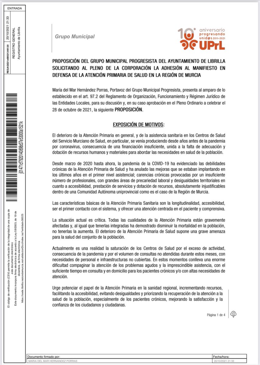 uprlibrilla's tweet photo. @adsp_murcia @UsuariosanidadM @SEAPREMUR1 @smumfyc Union Progresista por Librilla se suma al Manifiesto en Defensa de la Atención Primaria de Salud Región de Murcia, e instará al Pleno de la Corporación Municipal a que se una, realizando declaración institucional de apoyo a reivindicaciones de colectivos sanitarios de la región. https://t.co/FYUx3a9H4V