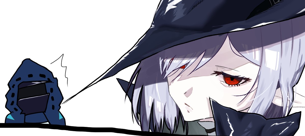 red eyes 1girl hair over one eye pointy ears white background hat 1other  illustration images
