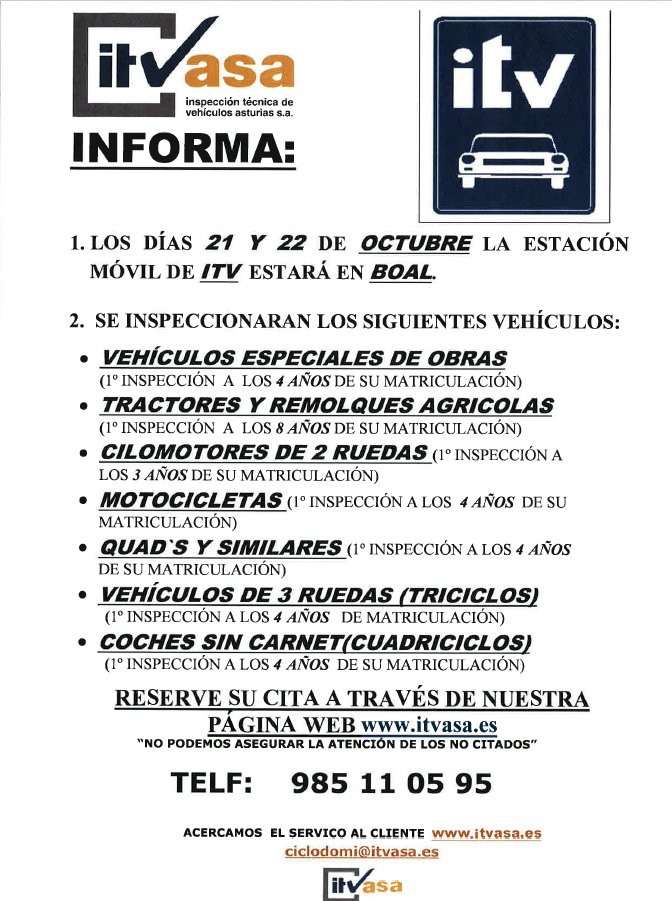 Recordamos que hoy, la ITV móvil estárá en #Boal (zona de Llaviada)