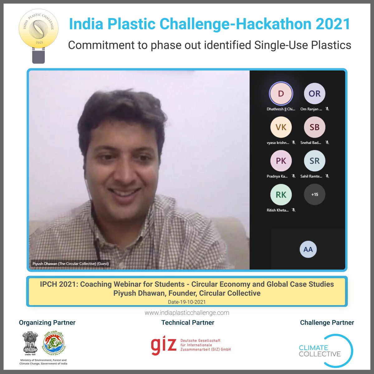 india_plastic's tweet photo. The day two of the India Plastic Challenge Hackathon started with insightful and interactive coaching webinars and mentoring sessions by renowned speakers!

@moefcc @EduMinOfIndia @CCollectiveNet @IndiaDST @NITIAayog https://t.co/7Mo01mcVak