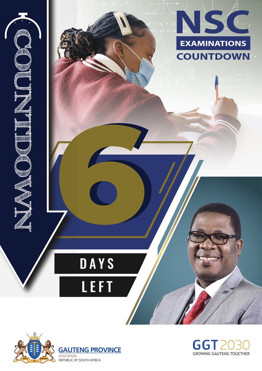 EducationGP1's tweet photo. #Matric2021 | We are 6 days away from the 2021 National Senior Certificate October/November Examinations, which are set to begin on Wednesday, 27 October 2021 📝 https://t.co/kXgxefhU5n