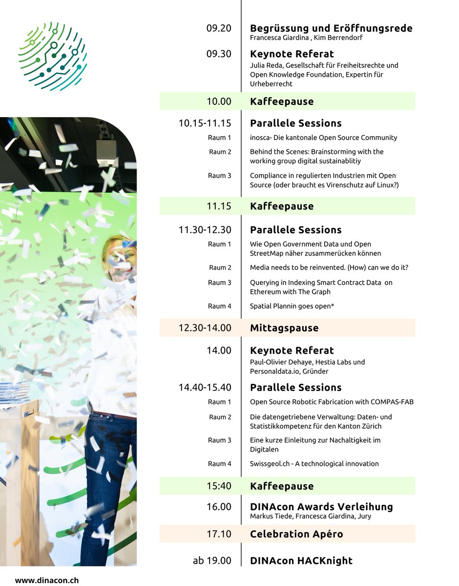 Stöbere jetzt durch's spannende #DINAcon21 Programm: dinacon.ch/programm-2021/

Uns erwarten 11 Sessions zu Media #Reinvention, #OpenSource Robotics, #Verwaltung, #Linux, #Etherum &amp; viele mehr! 

Das Kernthema der Keynotes: #DigitaleSouveränität 

Tickets: dinacon.ch/tickets/