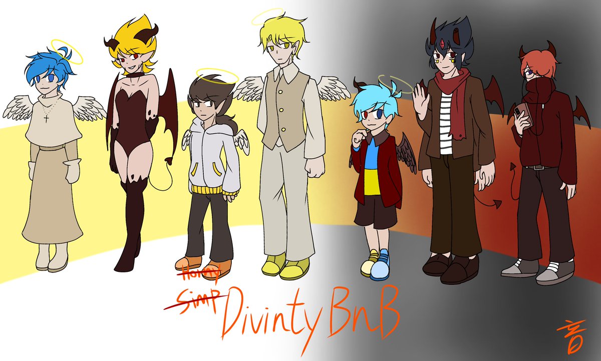 Philex_D's tweet photo. GUYS
THE CHARACTERS REFERENCE SHEET OF
HORNY- uh wait
SIMP- no, still wrong lol
#DIVINITYBNB IS FINISHED!!!
btw the blonde between bobal and bowaev is Human Bofo lmao

Amor and the side characters are the next!
#bobandbosip #BobAndBosipFanart https://t.co/9KOtDXaUwF