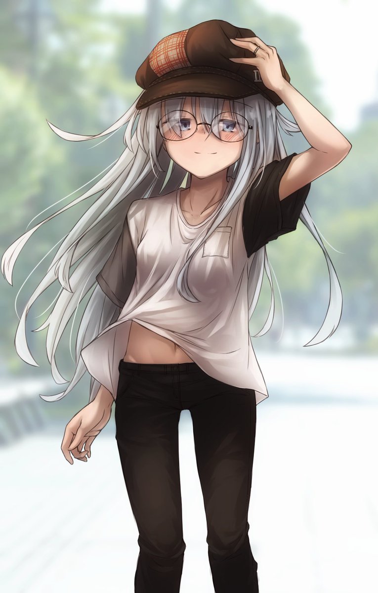 hibiki (kancolle) 1girl solo long hair hat glasses blue eyes pants  illustration images