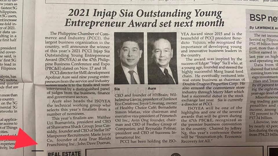 True_blends's tweet photo. Our founder, Ms. Joyce Yu, being nominated and included as one of the finalists in the 2021 Injap Sia Outstanding Young Entrep Award. https://t.co/D9FPPgha5O