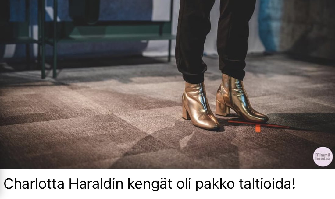 My golden boots got featured in the Mimmit Koodaa This Is Not a Webinar picture collection 😀 What a great event it was. Looking forward to the buzz of a physical Mimmit Koodaa event next year. Get your shots people! 

<a href="/MimmitKoodaa/">Mimmit koodaa</a> @miljakopsi 
Photo credit: Mikke Pöyhönen