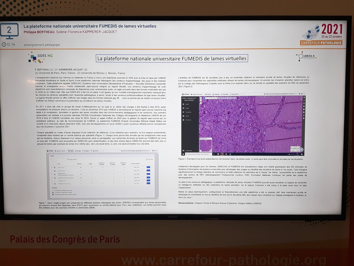 Merci aux Pr <a href="/phil_bertheau/">philippe.bertheau</a> &amp; Dr <a href="/SoleneKammerer/">Solène-Florence Kammerer-Jacquet</a> de l'<a href="/UNESSfr/">UNESS.fr</a> pour cette mise à l'honneur de <a href="/cytomine/">Cytomine</a> dans leur présentation de la plateforme FUMEDIS (French Universities MEdical Digital Slides) lors du #Carrefourpathologie2021 de la @SFPatho #elearning #digitalpathology
[1/2]