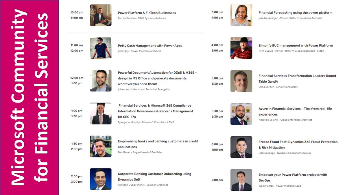 Join the Microsoft #FinancialServices Power Community Summit Today, Live Online!
#Microsoft365 #Azure #Powerplatform #Dynamics365 #MVPBUZZ

events.powercommunity.com/financial-serv…
<a href="/KymDupuis/">Beyond The Pitch with Kym Dupuis</a> <a href="/KeptyCZ/">Tom Kapitan</a> <a href="/jo_linder/">Johannes Linder</a> <a href="/akhildynamics/">akhildynamics</a> <a href="/JeseNav2/">Jese Navaranjan #WomanInTechnology</a> <a href="/neenarayan/">Narayan Solanki</a> <a href="/WaelHamze/">Wael Hamze</a> 
<a href="/SolgariConverse/">Solgari</a> 
<a href="/dox42/">dox42</a> 
<a href="/DynamicCG/">Dynamic Consultants Group (DCG)</a>