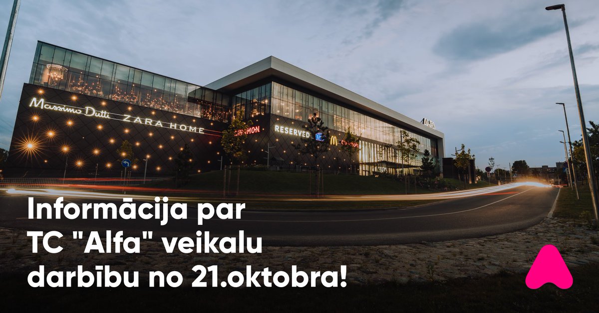 No 21.oktobra TC "Alfa" apmeklētājiem pieejami tikai pirmās nepieciešamības veikali un pakalpojumu sniedzēji! TC "Alfa" darba laiks no plkst. 10.00 līdz 19.00, bet “Rimi Hipermārkets” strādās no plkst. 7.00 līdz 19.00. Vairāk informācijas: bit.ly/3C67sR1
