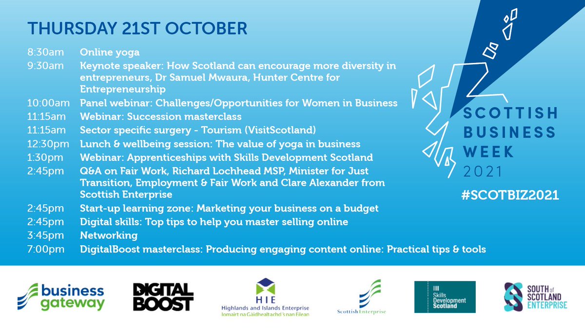 Day 4 of #SCOTBIZ2021 is about to begin & we have a great selection of events for you ✨ Kickstart your day with online #yoga, explore the ways you can make your business fair & #inclusive, upkill in #digital & more. View the full programme & sign up ➡️ ow.ly/SvnX50GuTMR