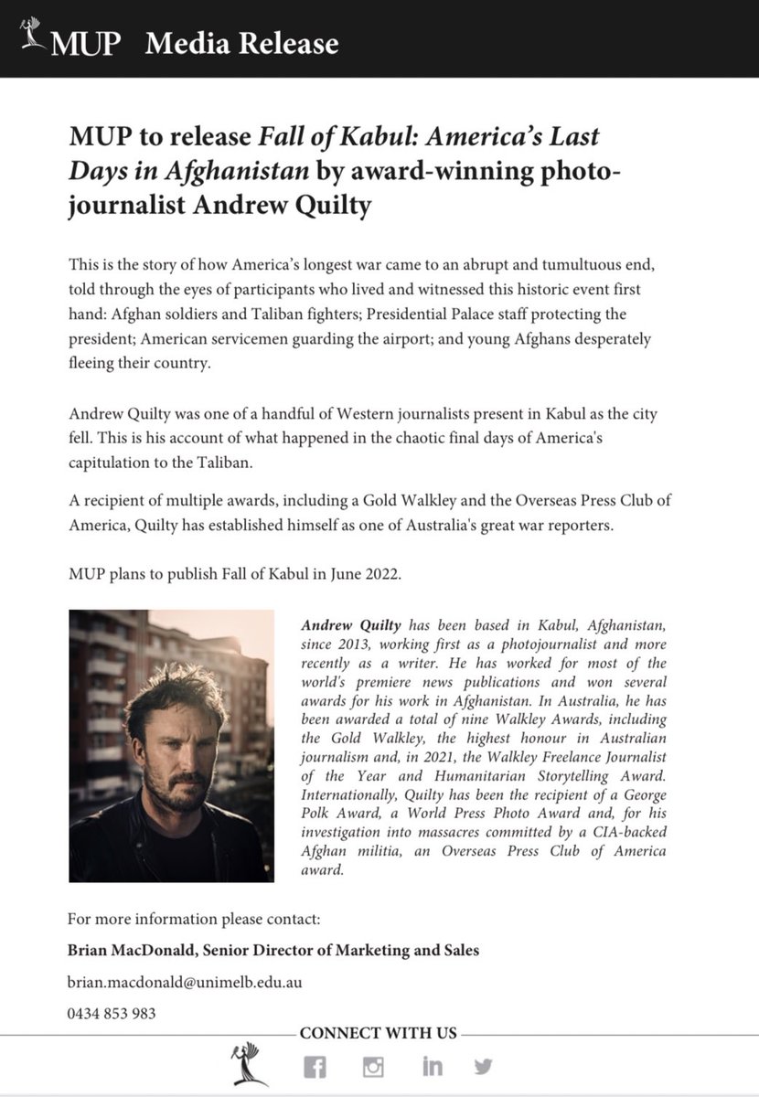 Thrilled to announce that <a href="/MUPublishing/">Melbourne University Publishing</a> will publish my very first book: "The Fall of Kabul: America's Last Days in Afghanistan" in mid 2022.