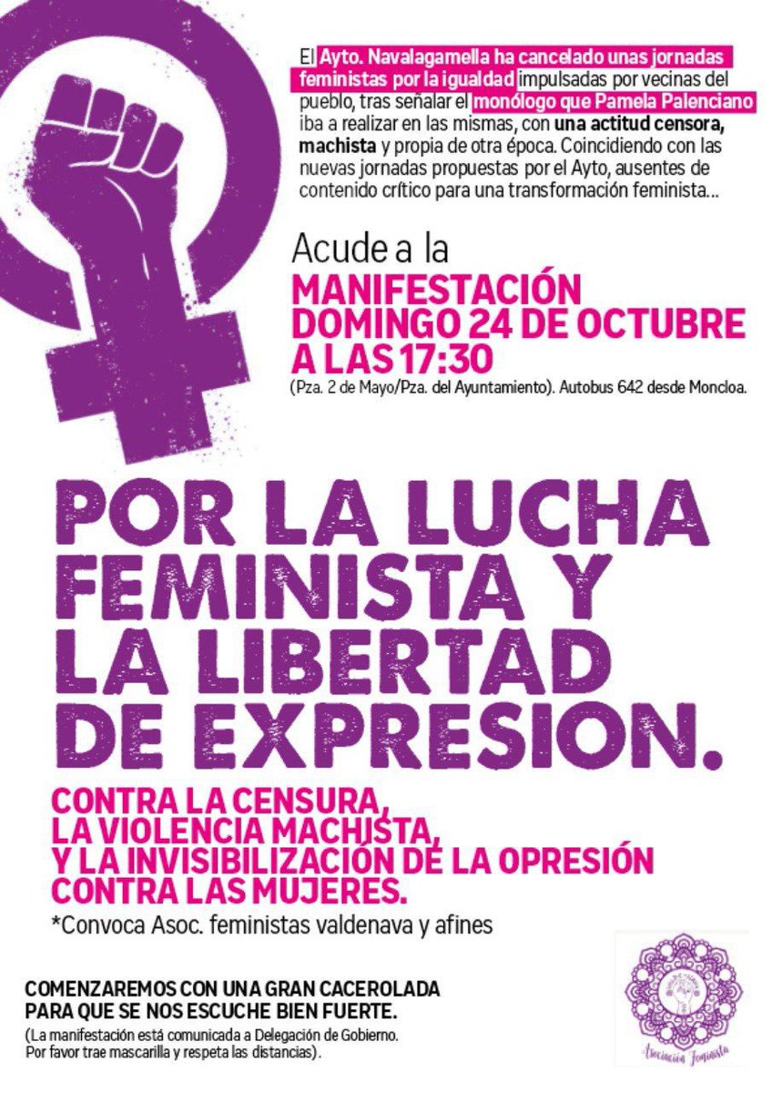 💜MANIFESTACIÓN FEMINISTA EN NAVALAGAMELLA💜

Por la lucha feminista y la libertad de expresión.

Domingo 24 de octubre, 17.30.