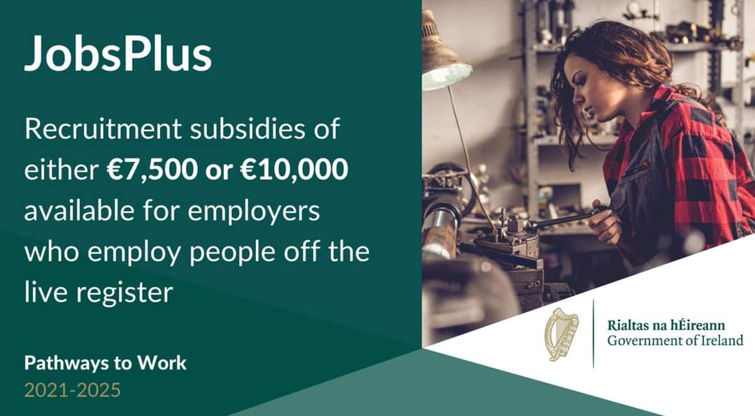 ✅Recruitment subsidies of either €7,500 or €10,000 are available for employers who employ people off the live register

👉For more information on the JobsPlus scheme visit: jobsplus.ie

#recruitment #PathwaysToWork #JobsPlus