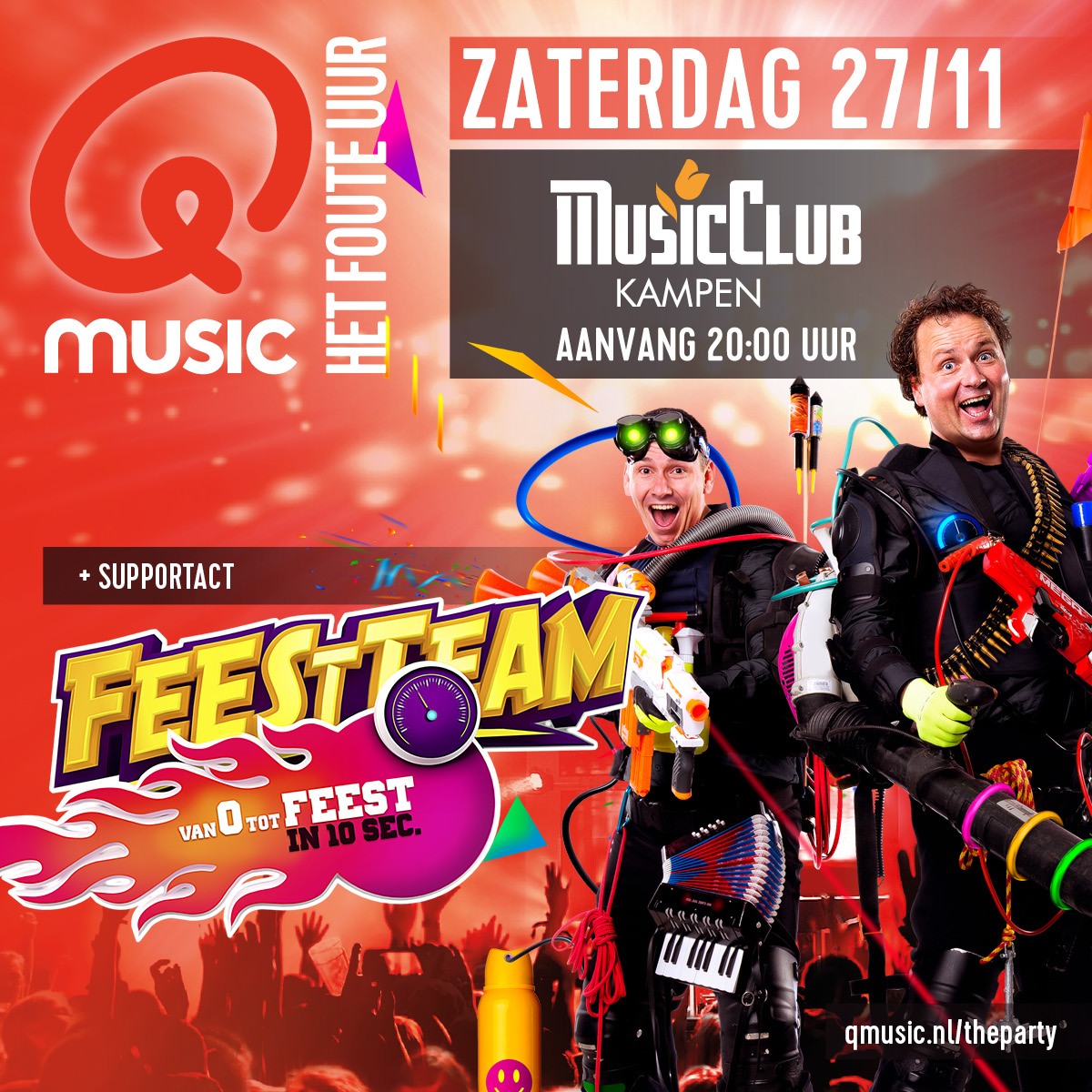 ONGEREMD VIER UUR FOUT?! 

Zaterdag 27 november opent Music Club Kampen de deuren voor een legendarisch feestje. Dankzij Q-Music Foute Party en Het Feestteam wordt hét podium van Kampen omgetoverd tot hét feestpaleis.

Tickets: ow.ly/8zQD50GuCyW

#QMusic #Feestteam #Kampen