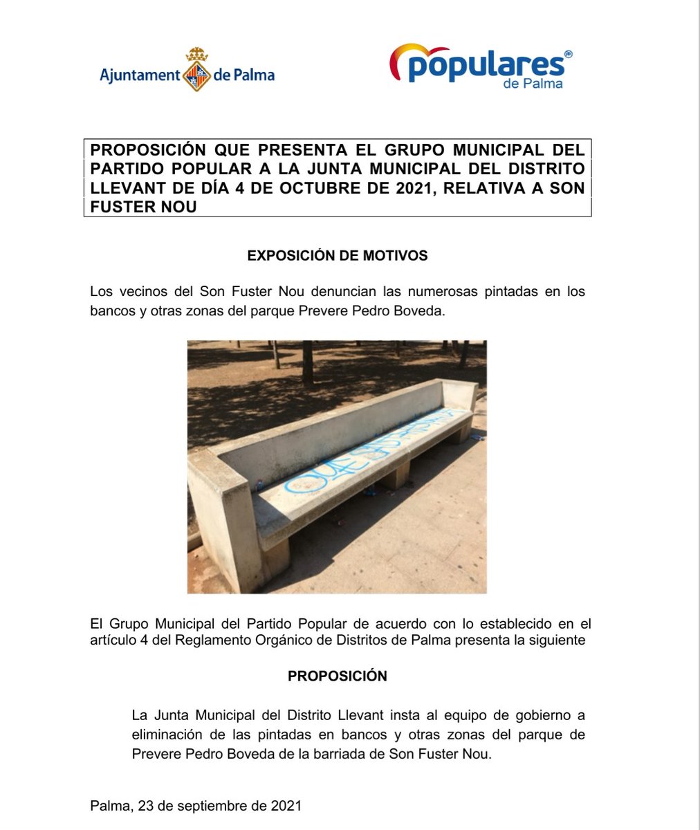 👉Seguim en sa lluita contra els grafitis!
✔️Gràcies a sa iniciativa <a href="/ctraincapp/">Distrito de CTRA de Inca PP Palma</a> i <a href="/popularespalma/">PP Palma</a> aconseguim que netegin tots els grafitis dels bancs del parc de Prevere Pedro Boveda de #SonFusterNou
👮‍♂️👮‍♀️Demanam més vigilància en aquesta zona!
