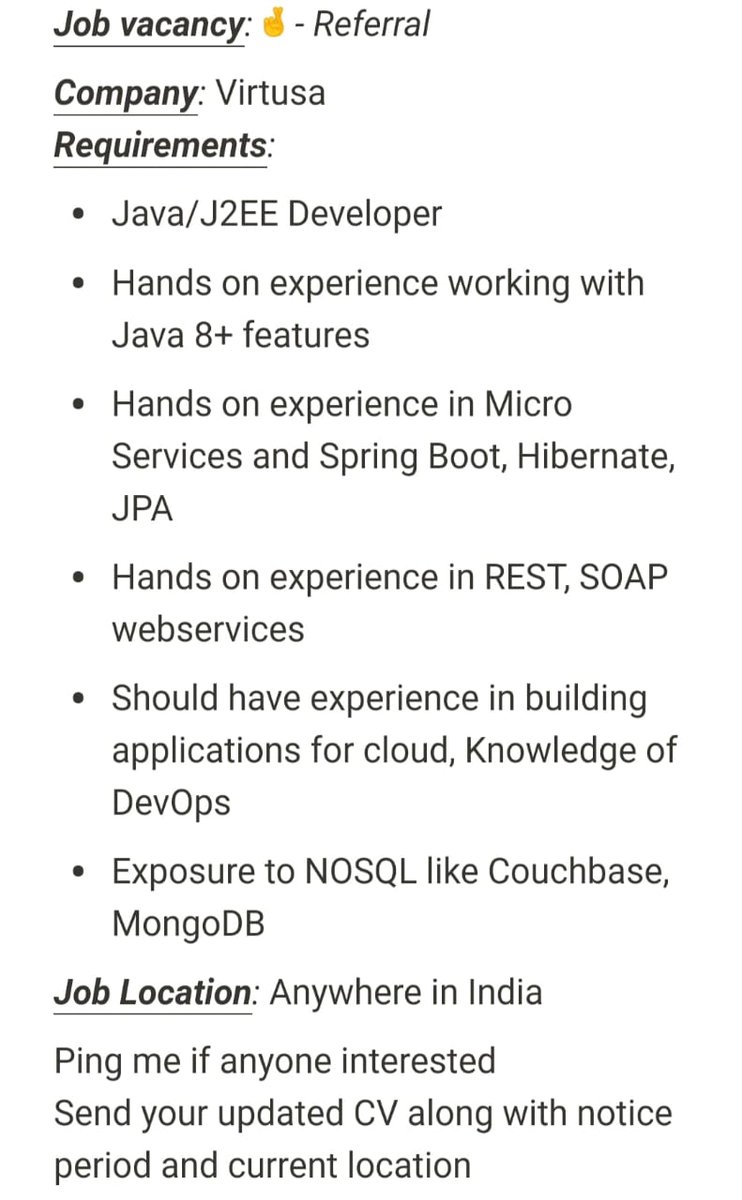 ratnapriya_self's tweet image. Ping me if anyone interested
#javadevelopers #j2ee #j2eedeveloper #jobseekersindia #jobvaccancy #microservices #jobhelpgroup #jobhelp #springboot #hibernate #jpa #restapi #soapui #mongodbatlas #soap #mongodb #jobhunters #java #nosqldatabases #nosql #Couchbase #erratnapriya #dev